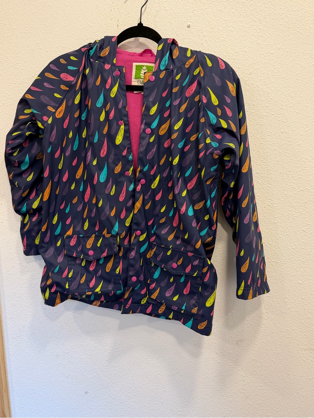 Kids Navy Raincoat with Colorful Raindrop Print